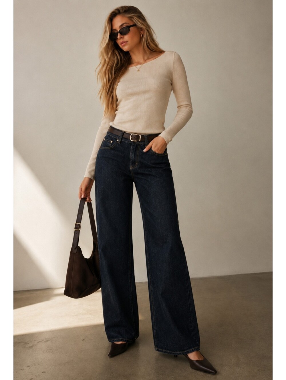 Edikted Dark Indigo Wide Leg Jeans Mid Rise Denim Size Large